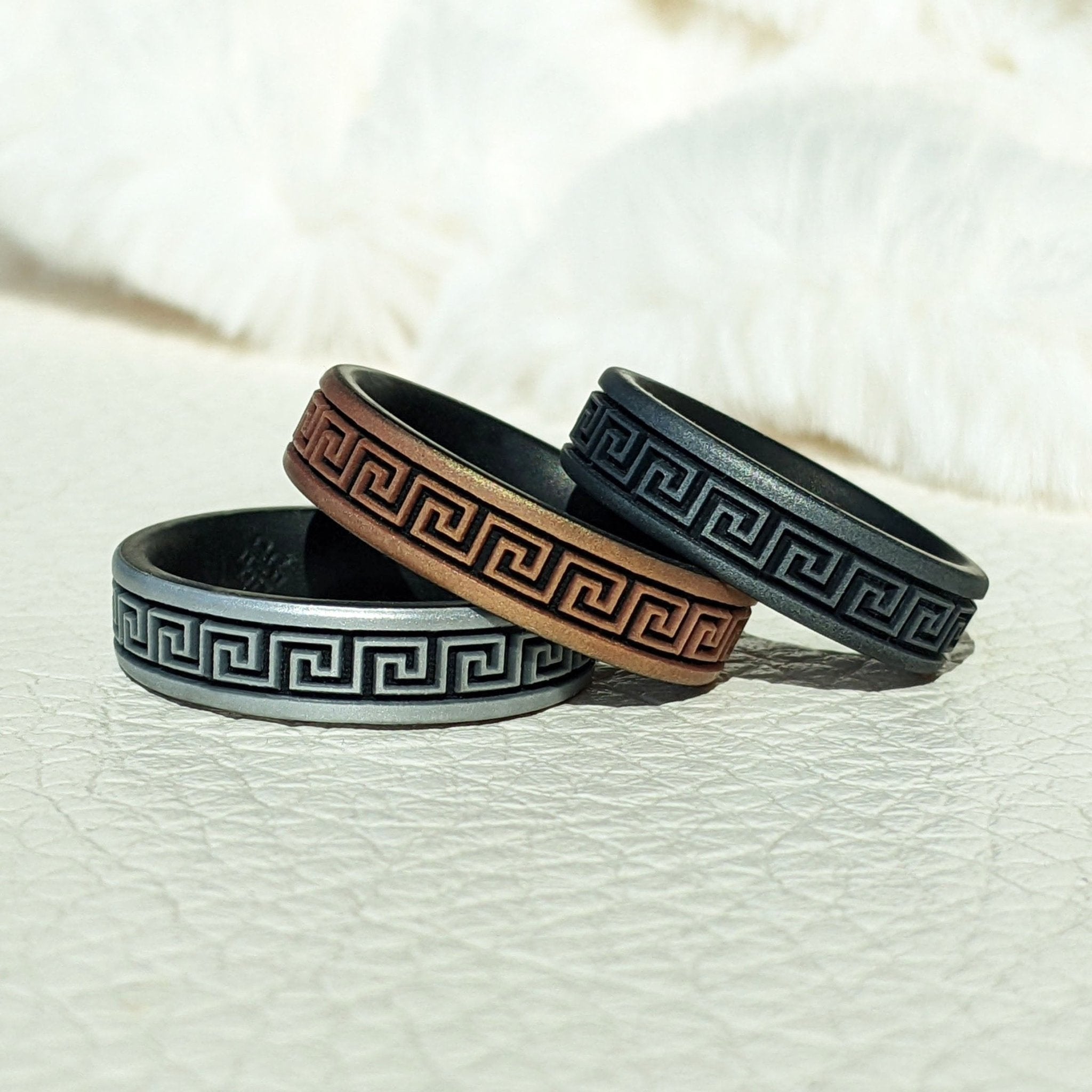 Greek Key Silicone Wedding Ring - Engraved Dual Layer - Knot Theory
