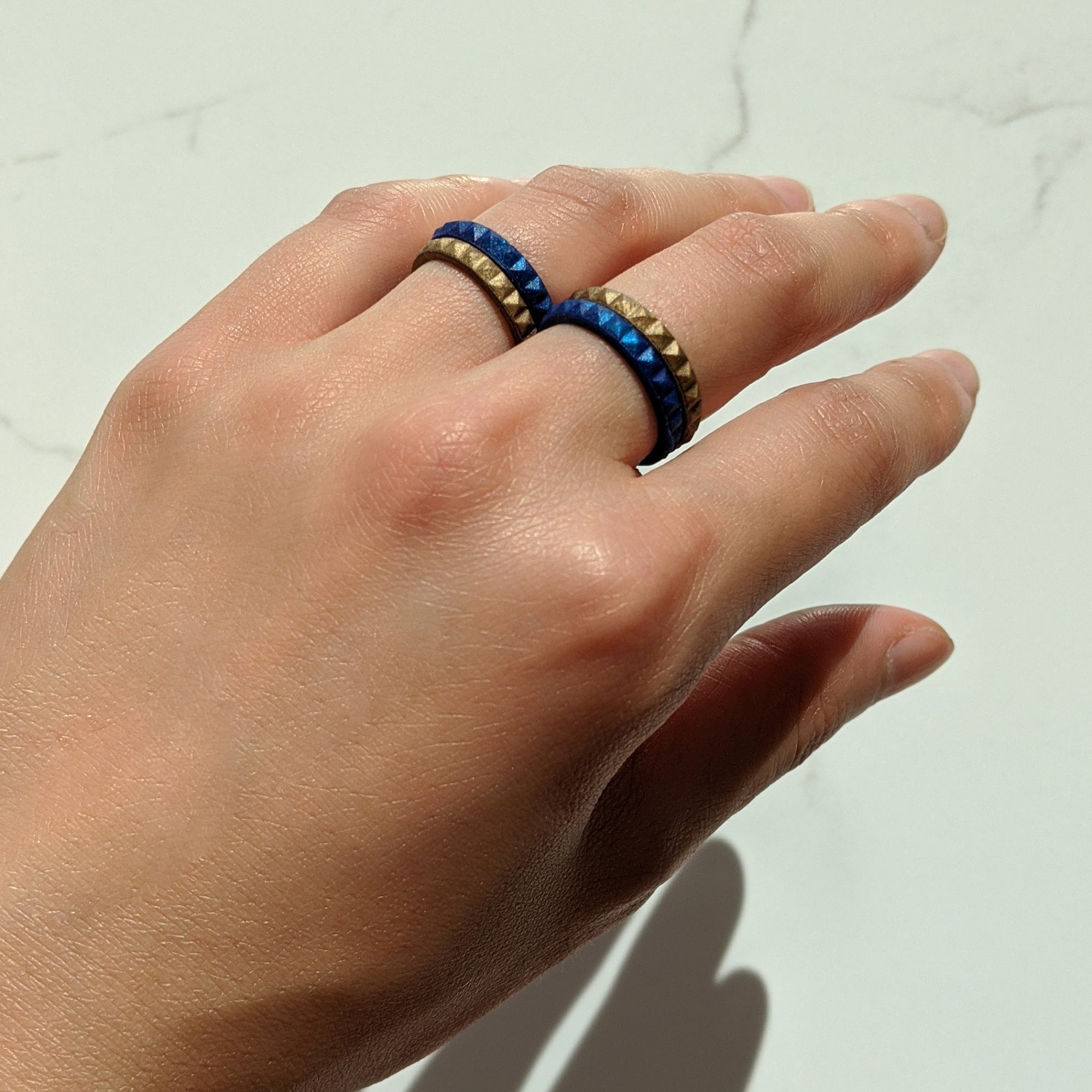 Metallic Blue Sapphire Pyramid Stackable Slim Thin Silicone Ring for Women - Knot Theory