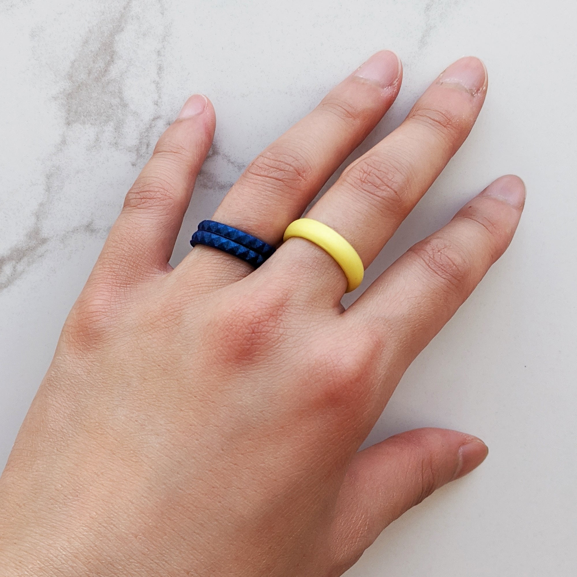 Metallic Blue Sapphire Pyramid Stackable Slim Thin Silicone Ring for Women - Knot Theory
