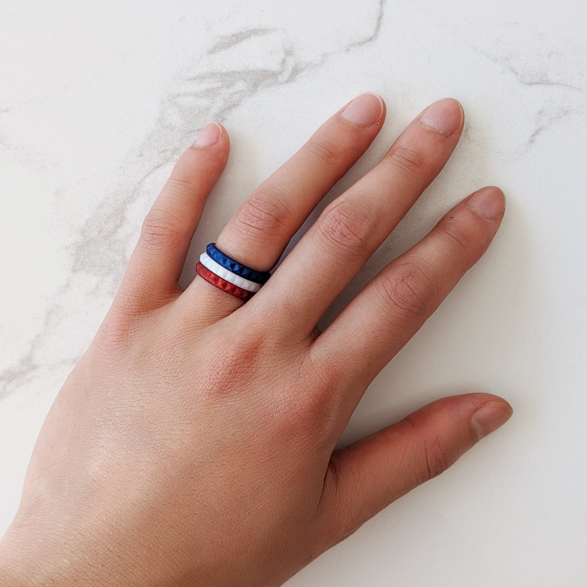 Metallic Red Garnet Pyramid Stackable Slim Thin Silicone Ring for Women - Knot Theory