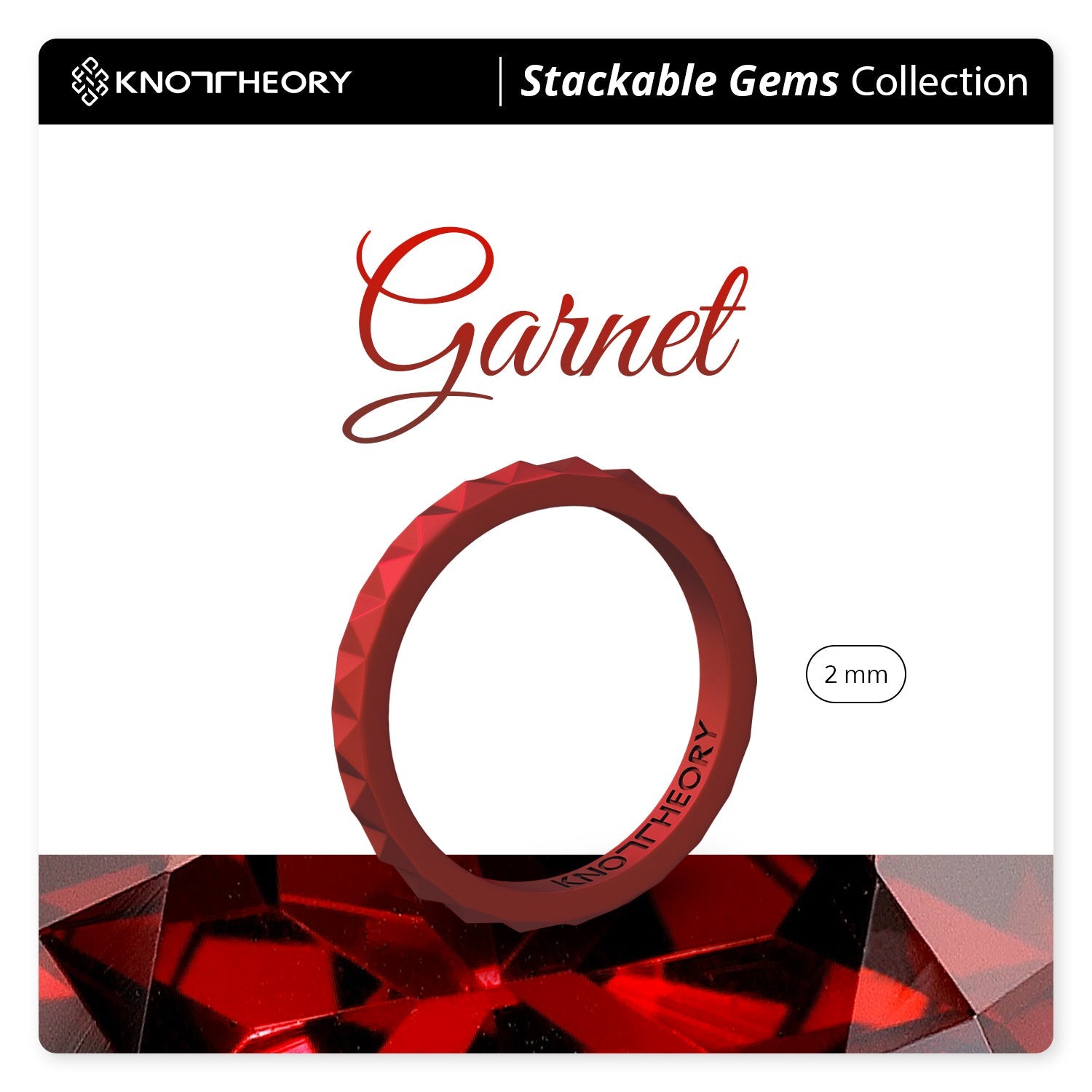 Metallic Red Garnet Pyramid Stackable Slim Thin Silicone Ring for Women - Knot Theory