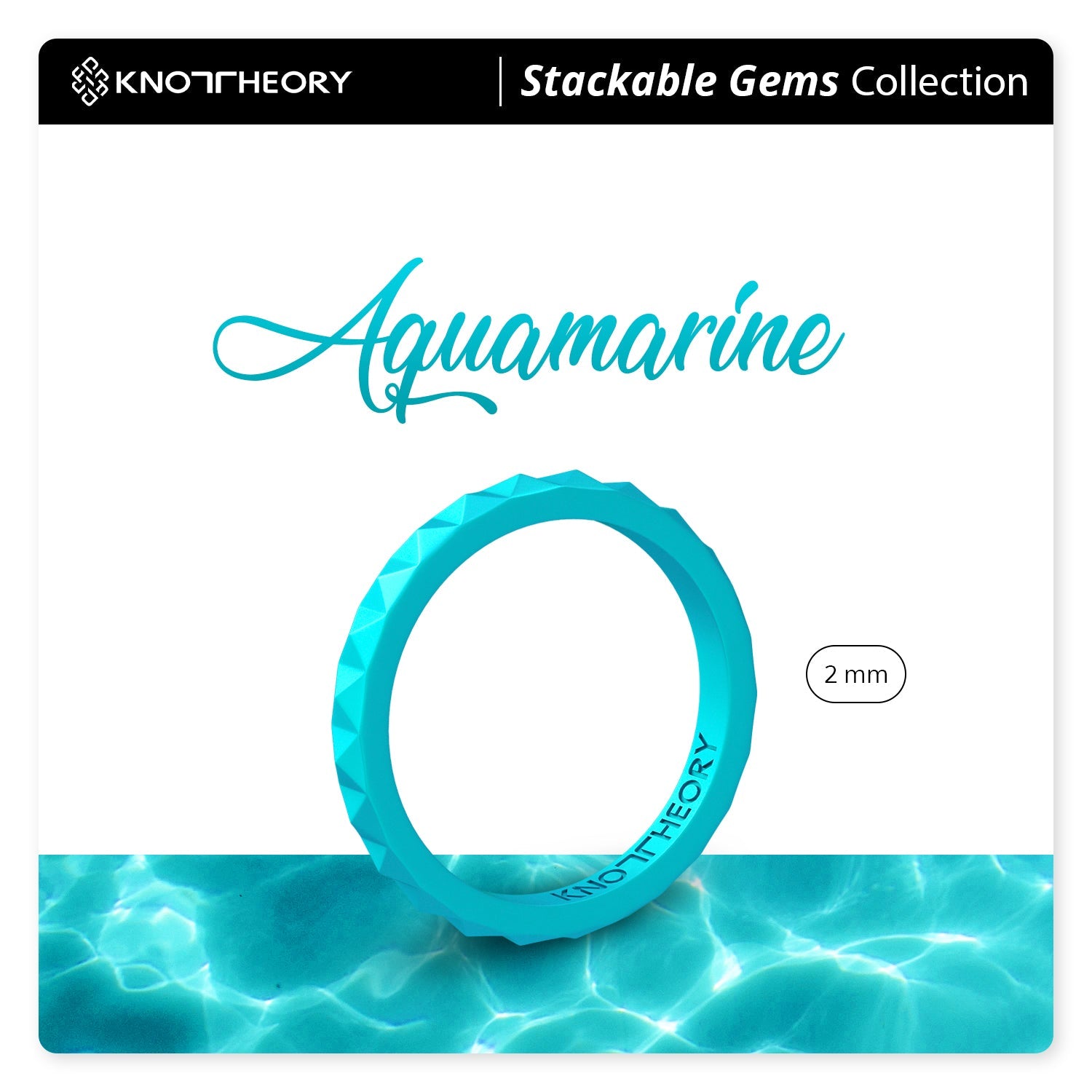 Pearl Aquamarine Pyramid Stackable Slim Thin Silicone Ring for Women - Knot Theory