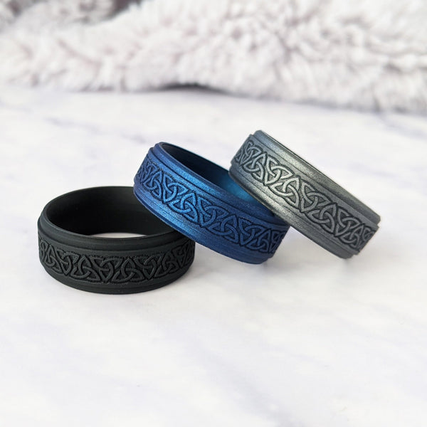 Trinity Knot Silicone Ring for Men - Custom Engraved in Black, Dark Silver, Metal Blue, or Metal Teal - Knot Theory