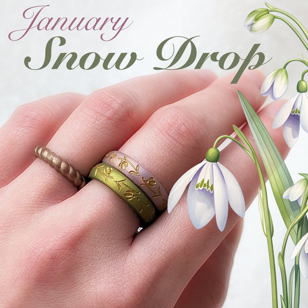 Snowdrop Silicone Ring, January Birth Flower, Engraved with Gold Inlay