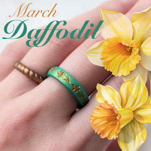 Daffodil Silicone Ring, March Birth Flower, Engraved with Gold Inlay