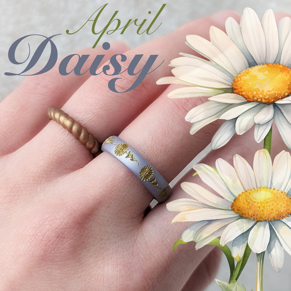 Daisy Silicone Ring, April Birth Flower, Engraved with Gold Inlay