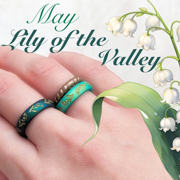 Lily of the Valley Silicone Ring, May Birth Flower, Engraved with Gold Inlay