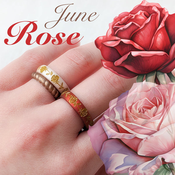 Rose Silicone Ring, June Birth Flower, Engraved with Gold Inlay
