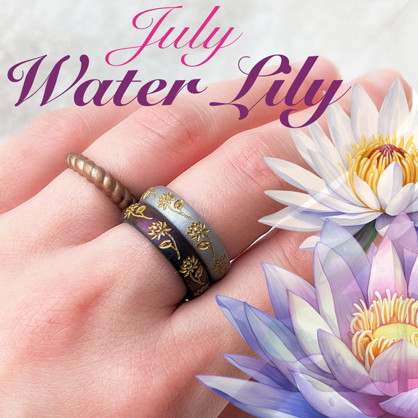Water Lily Silicone Ring, July Birth Flower, Engraved with Gold Inlay