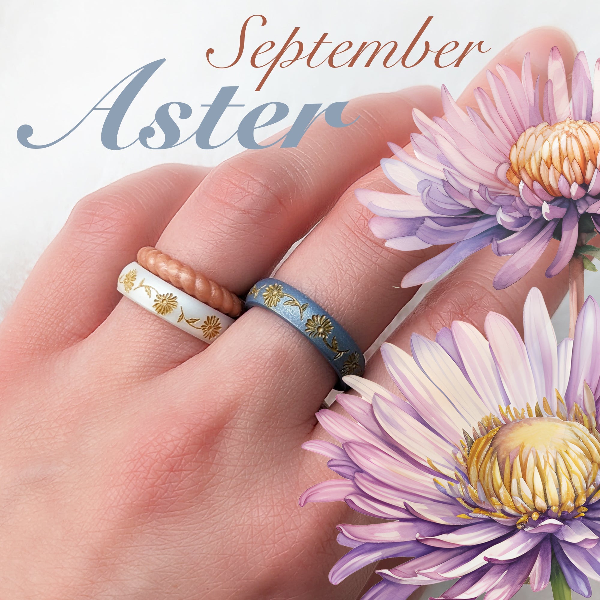 Aster Silicone Ring, September Birth Flower, Engraved with Gold Inlay