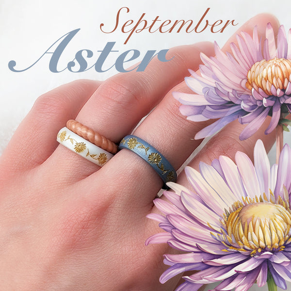 Aster Silicone Ring, September Birth Flower, Engraved with Gold Inlay