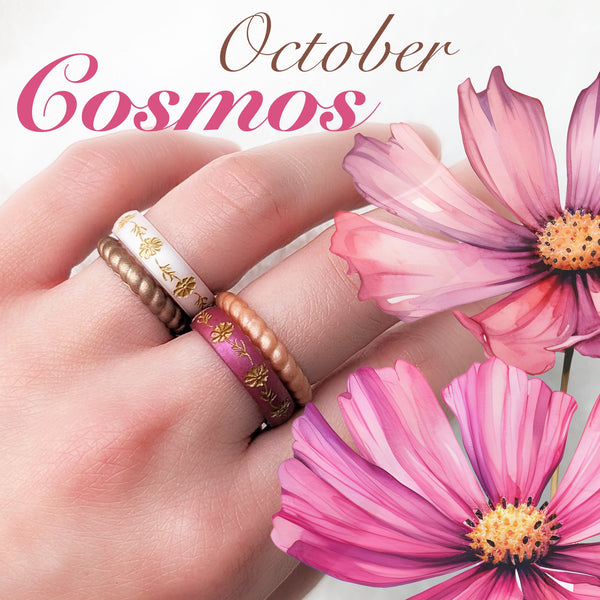 Cosmos Silicone Ring, October Birth Flower, Engraved with Gold Inlay