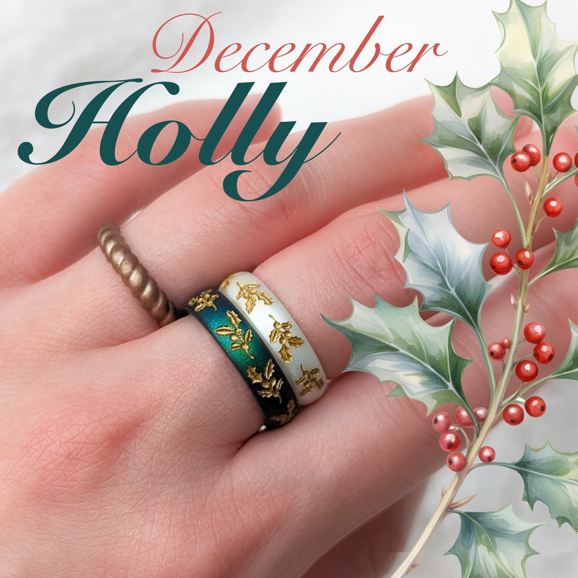 Holly Silicone Ring, December Birth Flower, Engraved with Gold Inlay