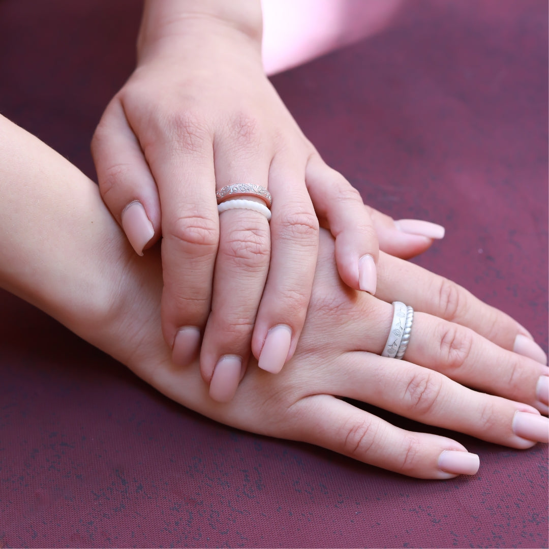 Floral Silicone Ring, Engraved with Silver Inlay - Arc 4mm