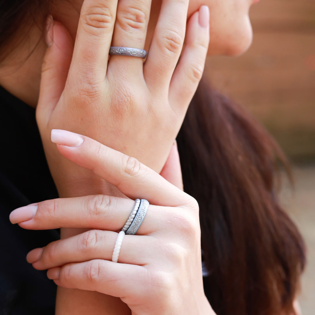 Floral Silicone Ring, Engraved with Silver Inlay - Arc 4mm