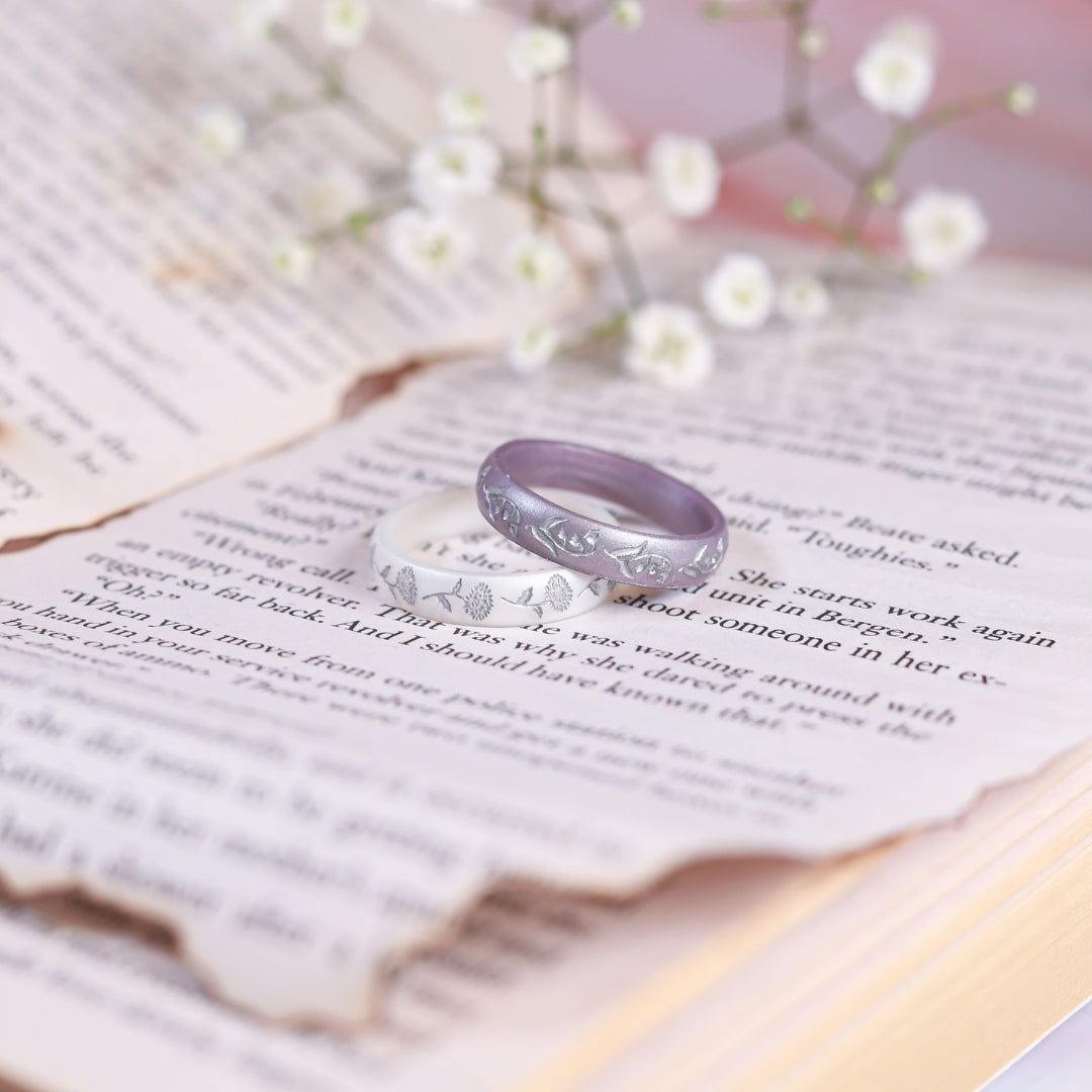 Silver Inlay Engraving Floral Silicone Ring, Engraved with Silver Inlay - Arc 4mm | Knot Theory