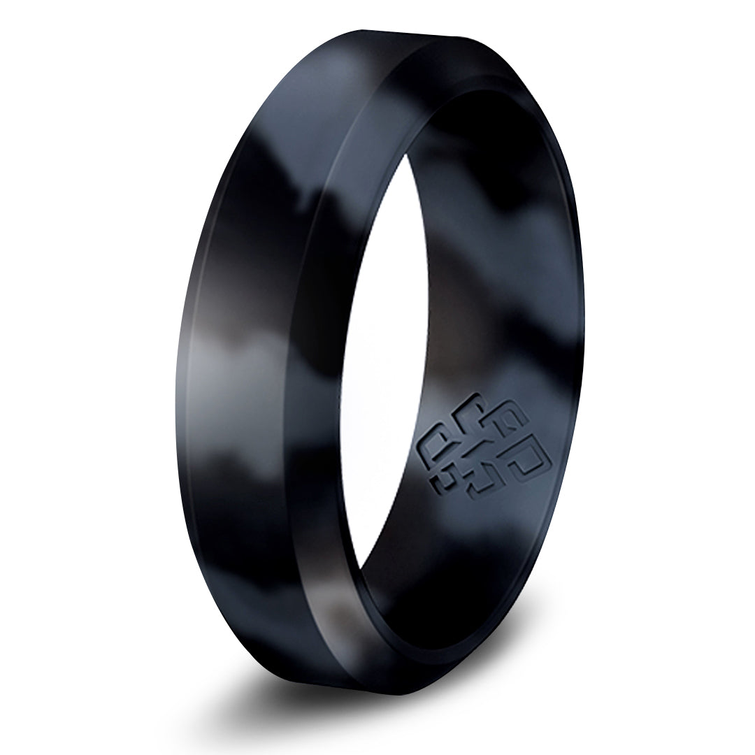 Black Marble Bevel Edge Silicone Wedding Ring for Husband
