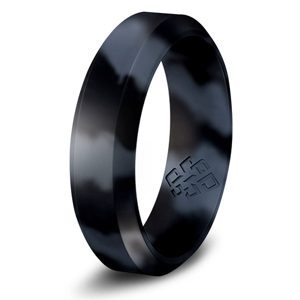 Black Marble Bevel Edge Breathable Silicone Ring for Men