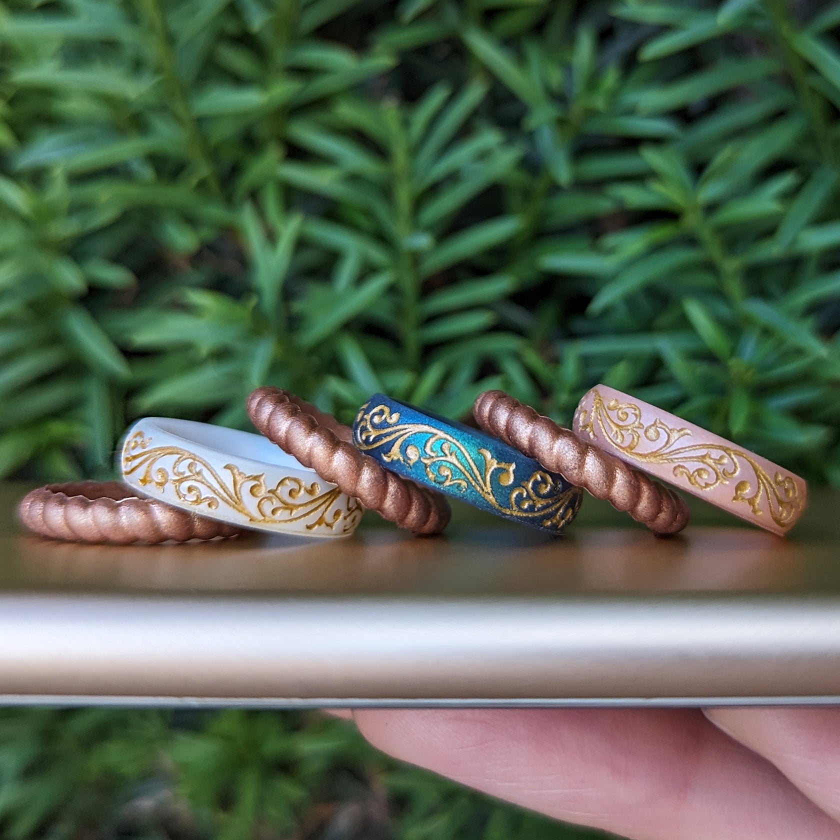 Filigree Silicone Ring, Engraved and Gold Inlaid - Bonus Stackable Gol ...