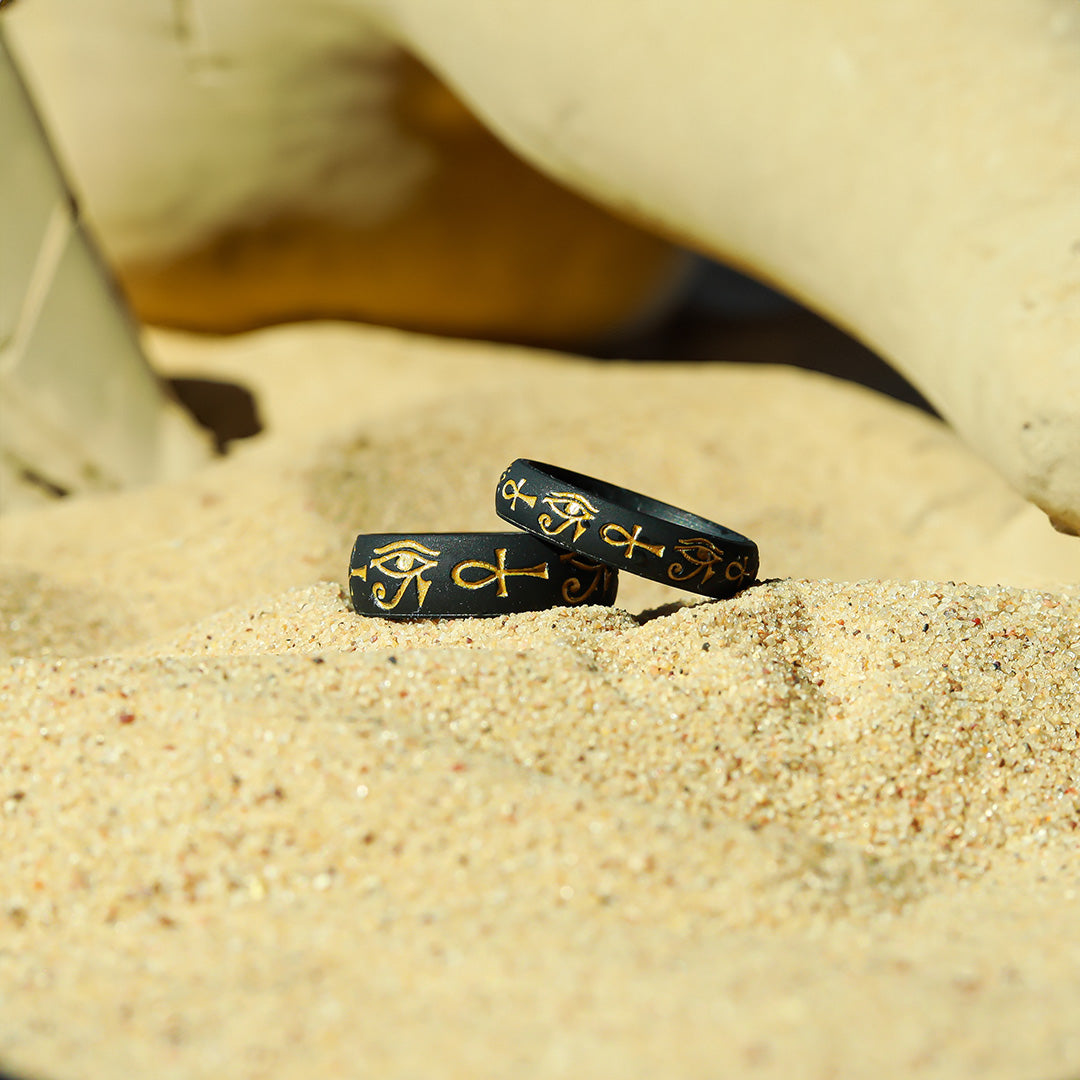 Gold Eye of Horus & Ankh Silicone Ring on Arc 4mm