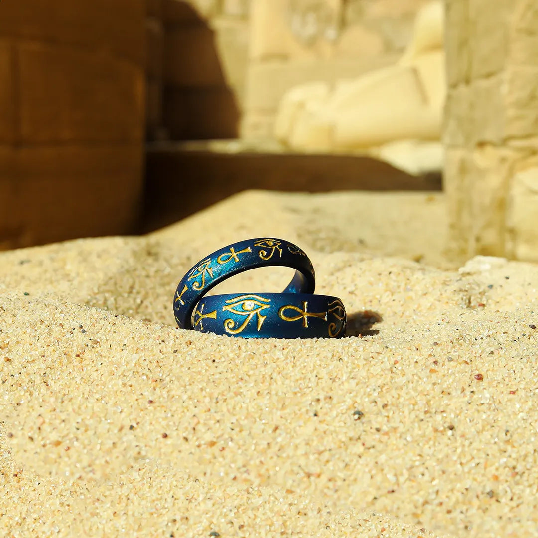 Gold Eye of Horus & Ankh Silicone Ring on Arc 4mm