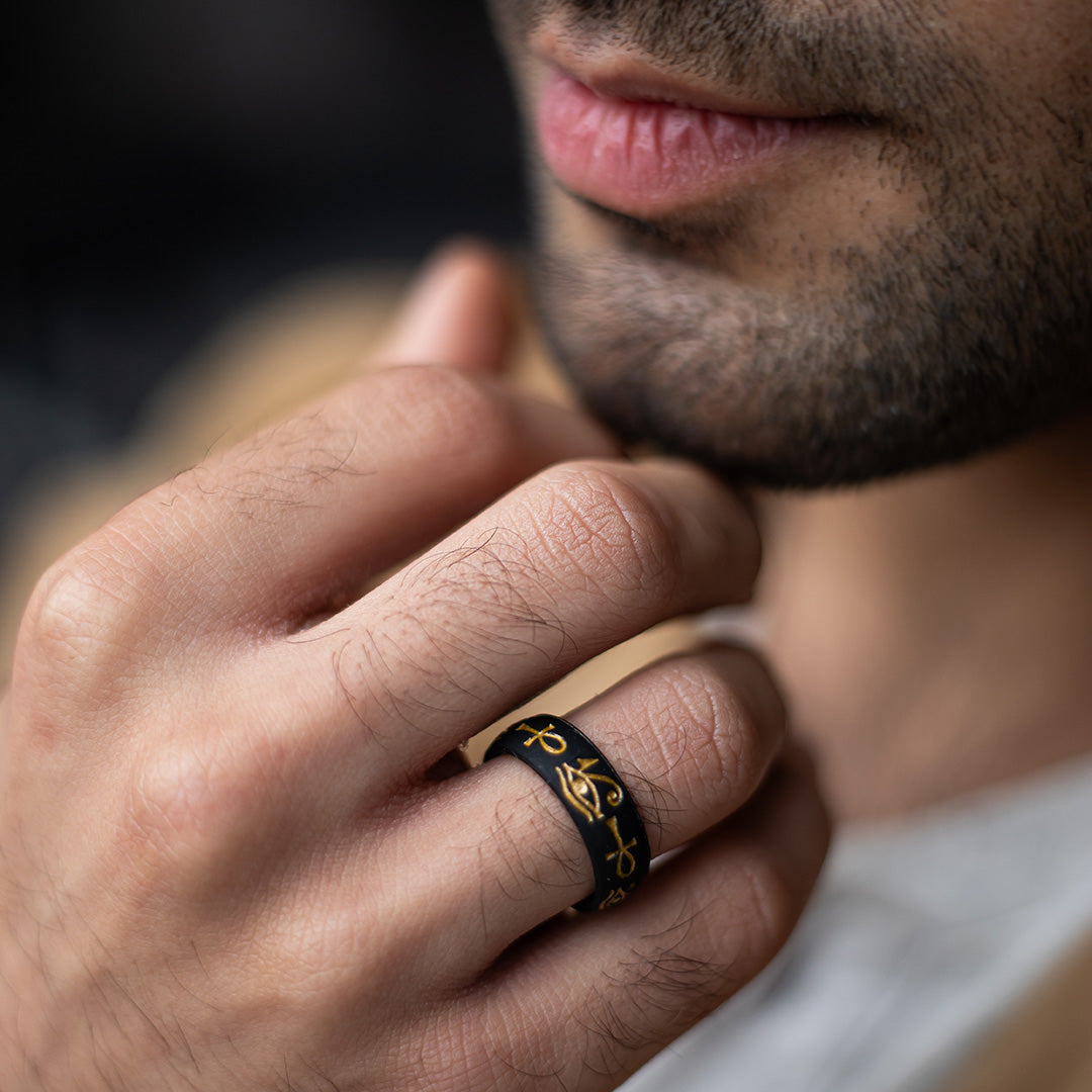 Gold Eye of Horus & Ankh Silicone Ring on Arc 6mm