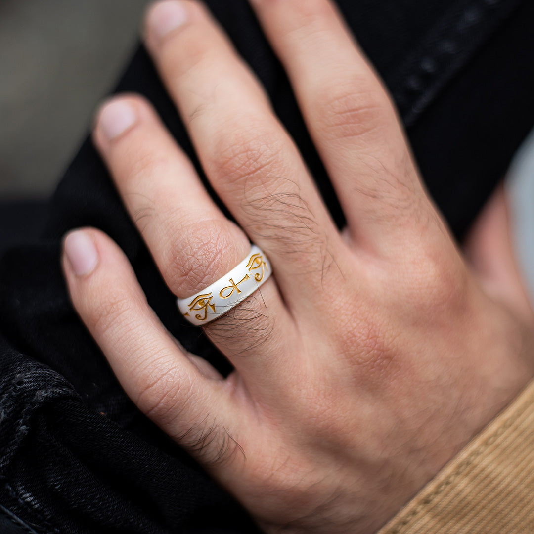 Gold Eye of Horus & Ankh Silicone Ring on Arc 6mm