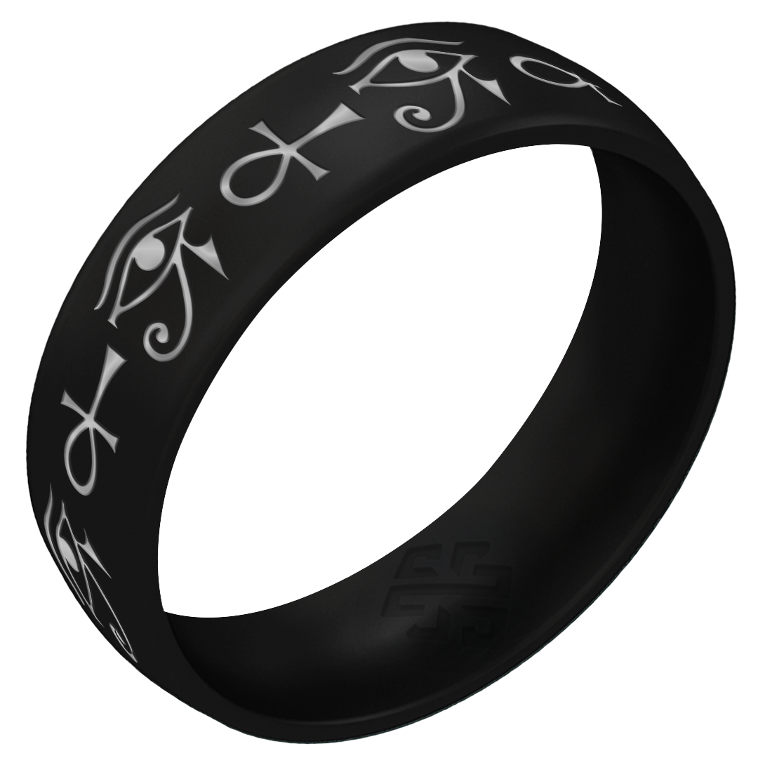 Silver Eye of Horus & Ankh Silicone Ring on Arc 6mm