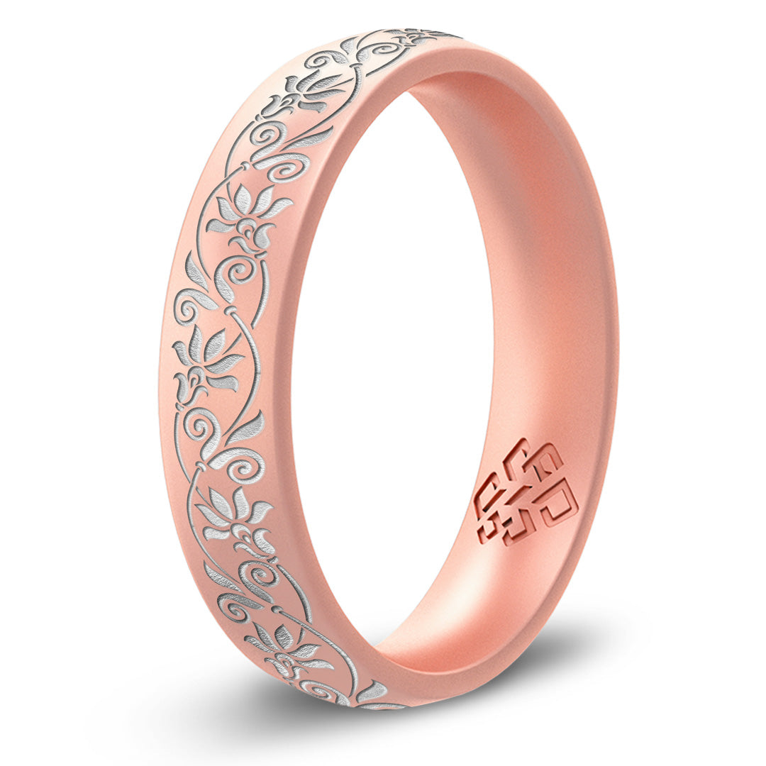 Floral Silicone Ring, Engraved with Silver Inlay - Arc 4mm