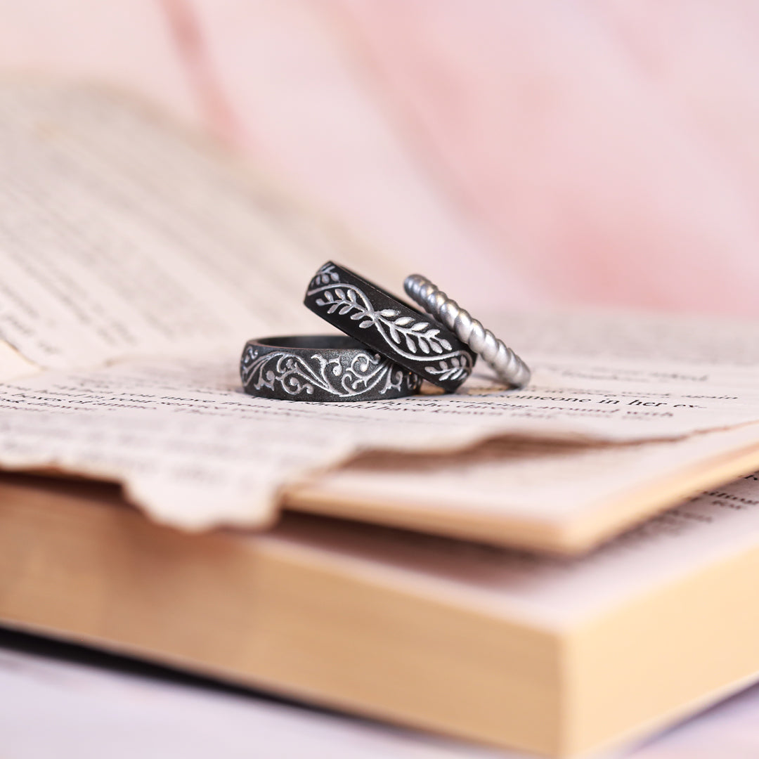 Filigree Silicone Ring, Engraved with Silver Inlay - Arc 6mm