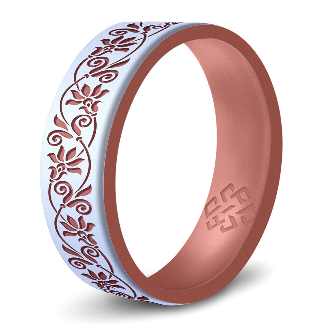 Floral Silicone Ring,  Dual Layer Engraved 6mm
