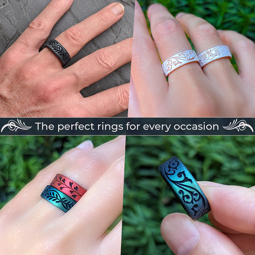 Heart Vine Silicone Ring,  Dual Layer Engraved 6mm