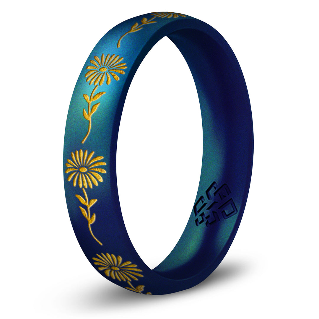 Aster Silicone Ring, September Birth Flower, Engraved with Gold Inlay