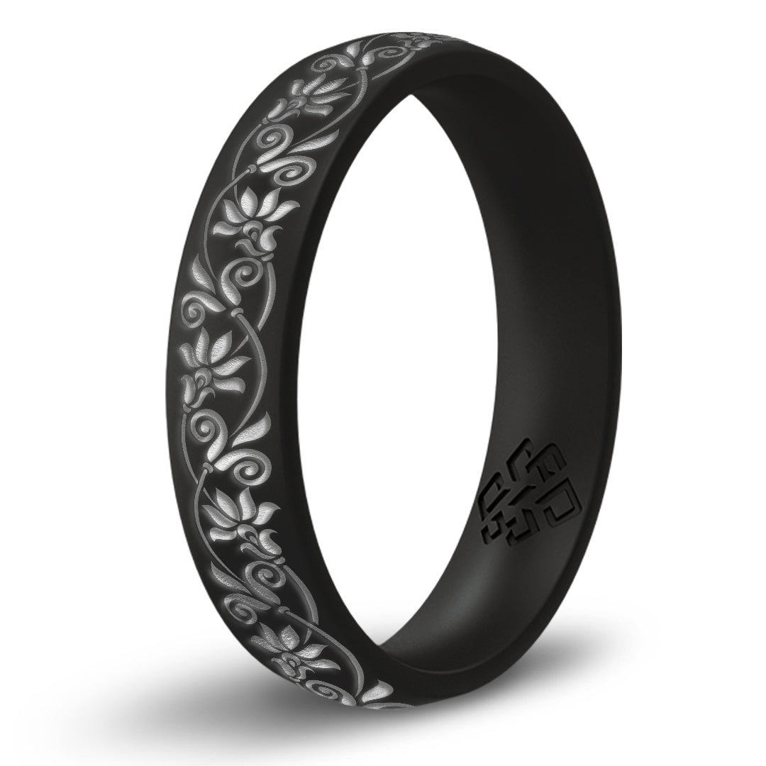 Floral Silicone Ring, Engraved with Silver Inlay - Arc 4mm