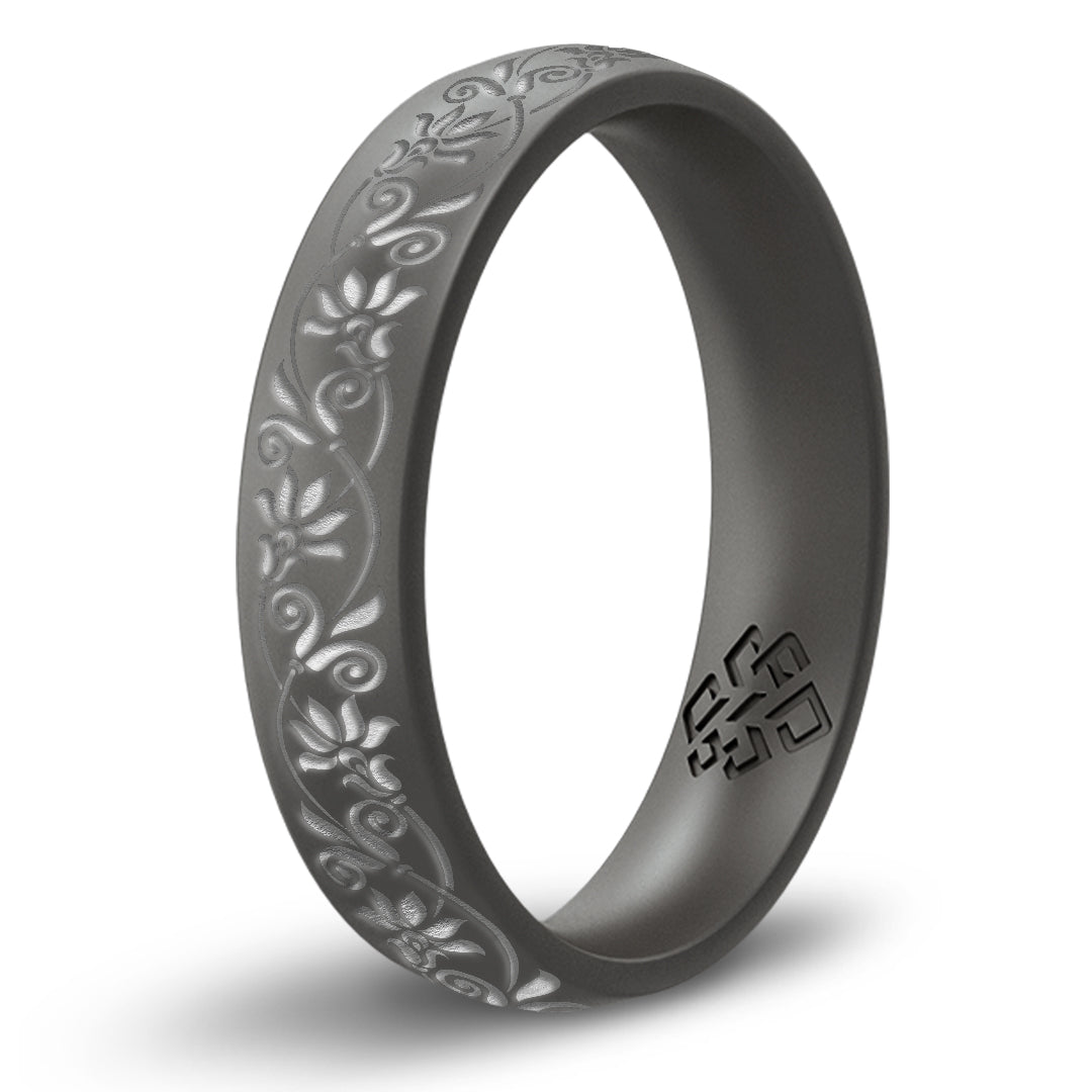 Floral Silicone Ring, Engraved with Silver Inlay - Arc 4mm