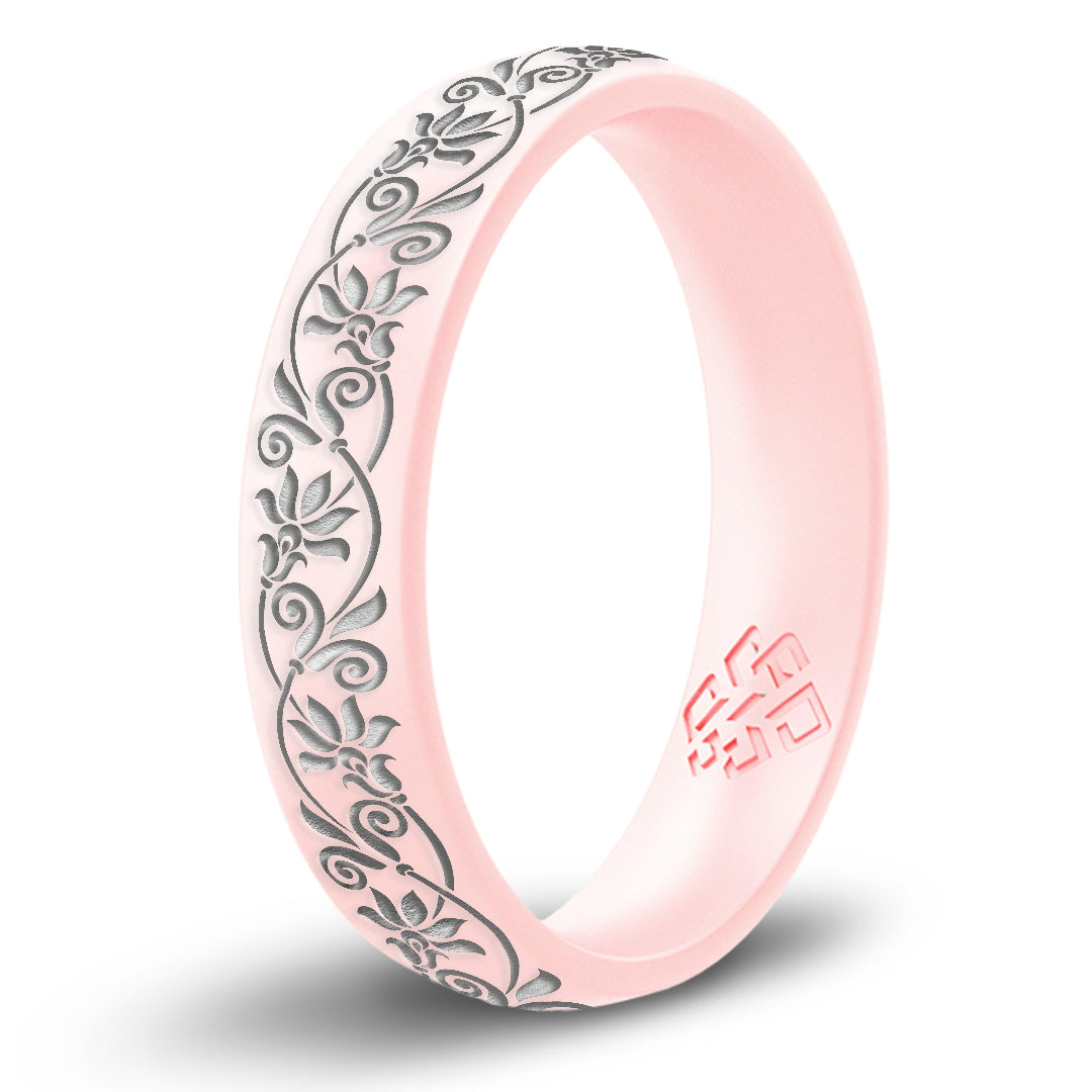 Floral Silicone Ring, Engraved with Silver Inlay - Arc 4mm