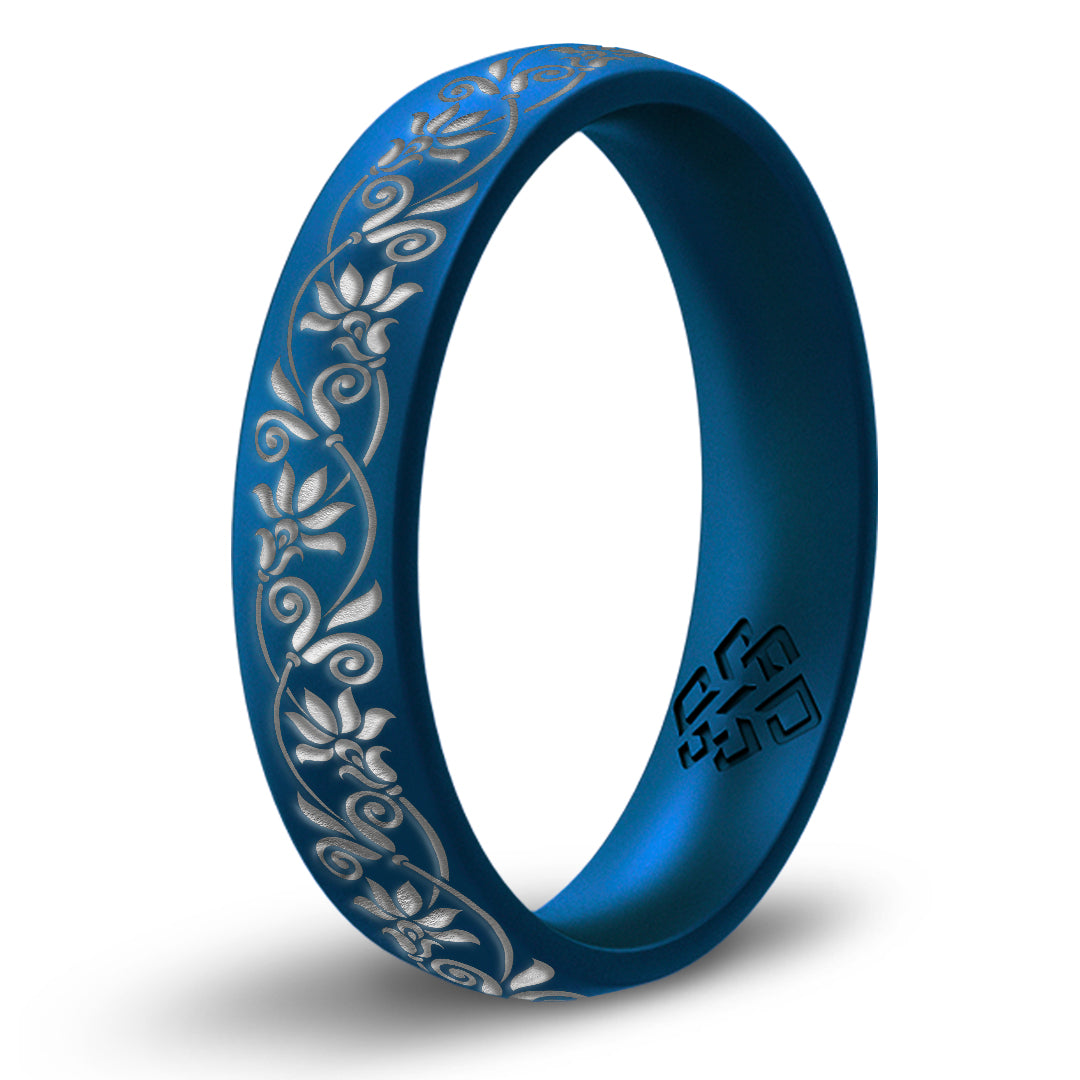 Floral Silicone Ring, Engraved with Silver Inlay - Arc 4mm