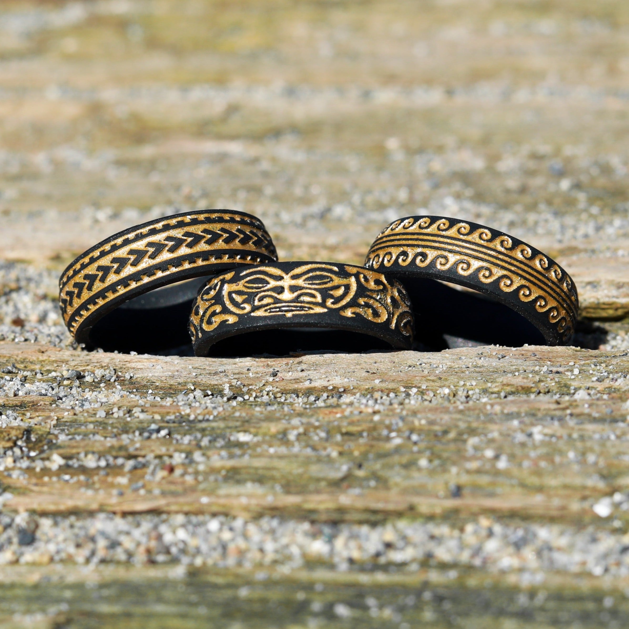 Gold Warrior of Wisdom Tiki God Silicone Ring on Arc 6mm