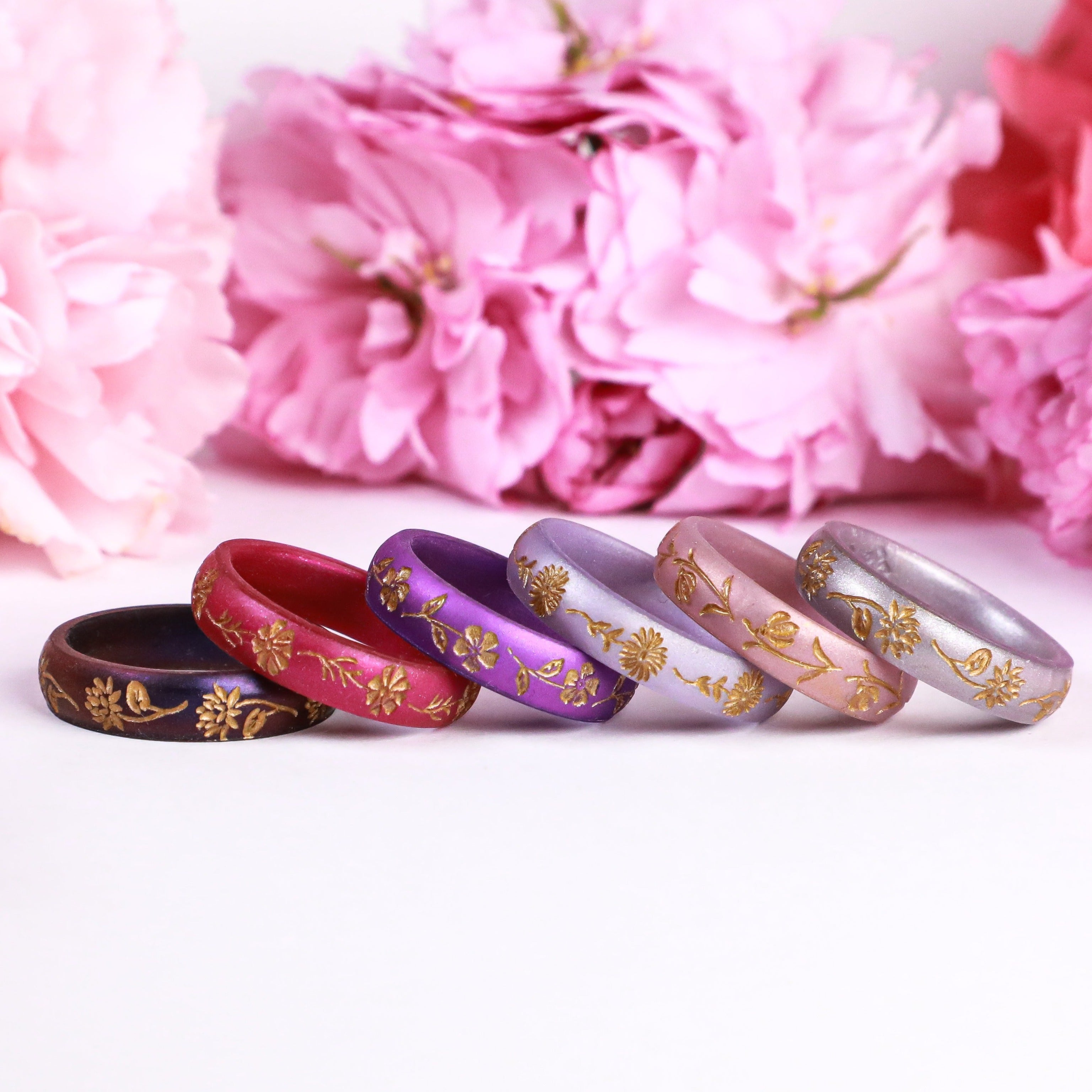 Gold Lily of the Valley Silicone Ring, May Birth Flower on Arc 4mm