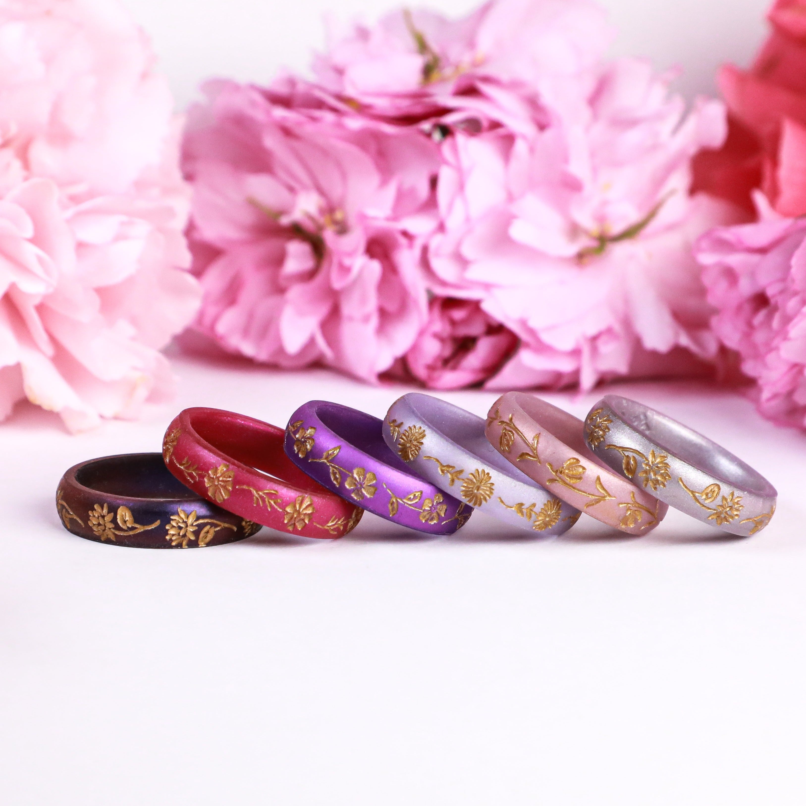 Gold Cosmos Silicone Ring, October Birth Flower on Arc 4mm