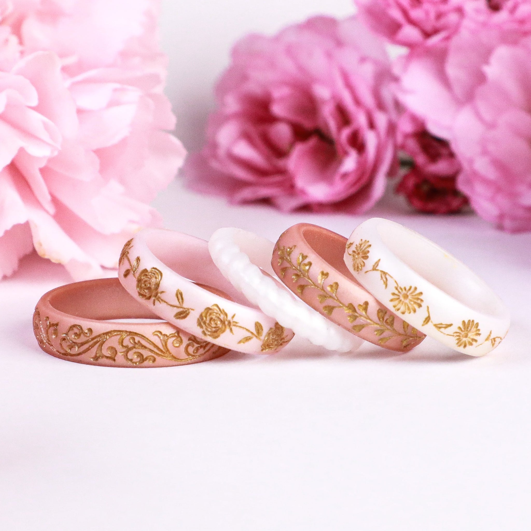 Rose Silicone Ring, June Birth Flower, Engraved with Gold Inlay