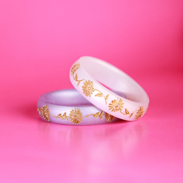 Aster Silicone Ring, September Birth Flower, Engraved with Gold Inlay