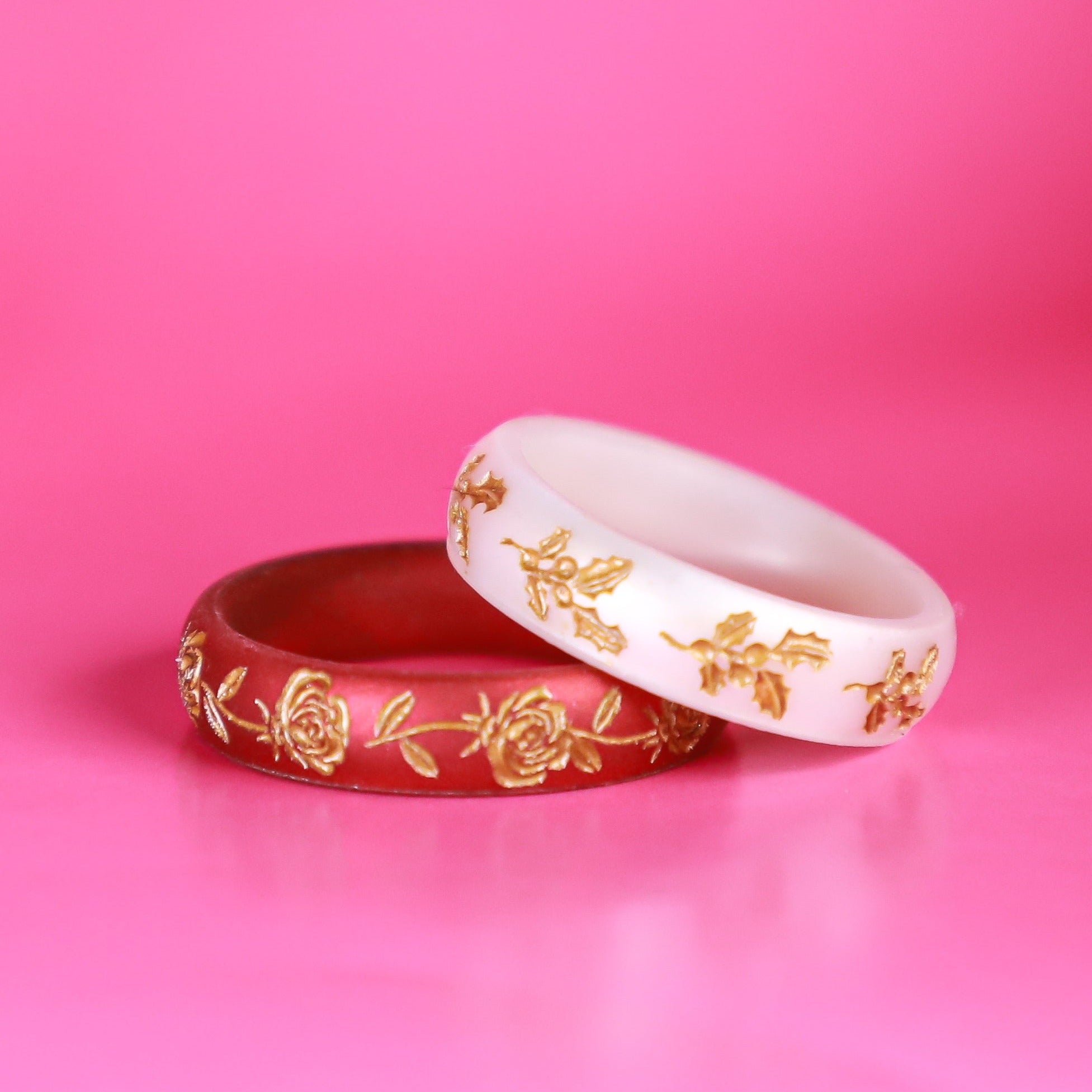 Rose Silicone Ring, June Birth Flower, Engraved with Gold Inlay