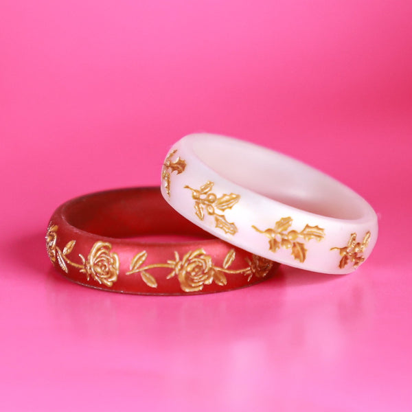 Holly Silicone Ring, December Birth Flower, Engraved with Gold Inlay