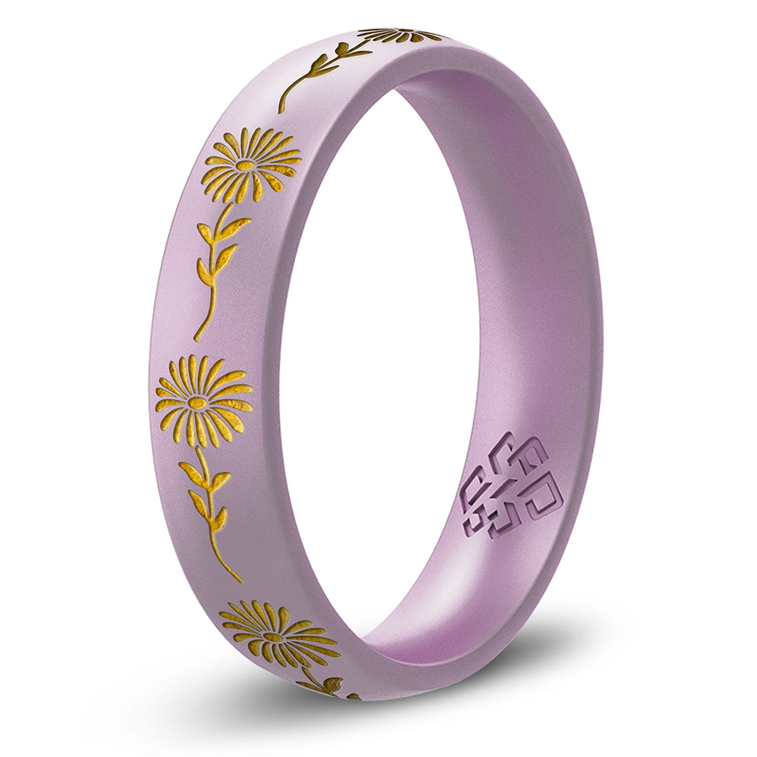 Aster Silicone Ring, September Birth Flower, Engraved with Gold Inlay