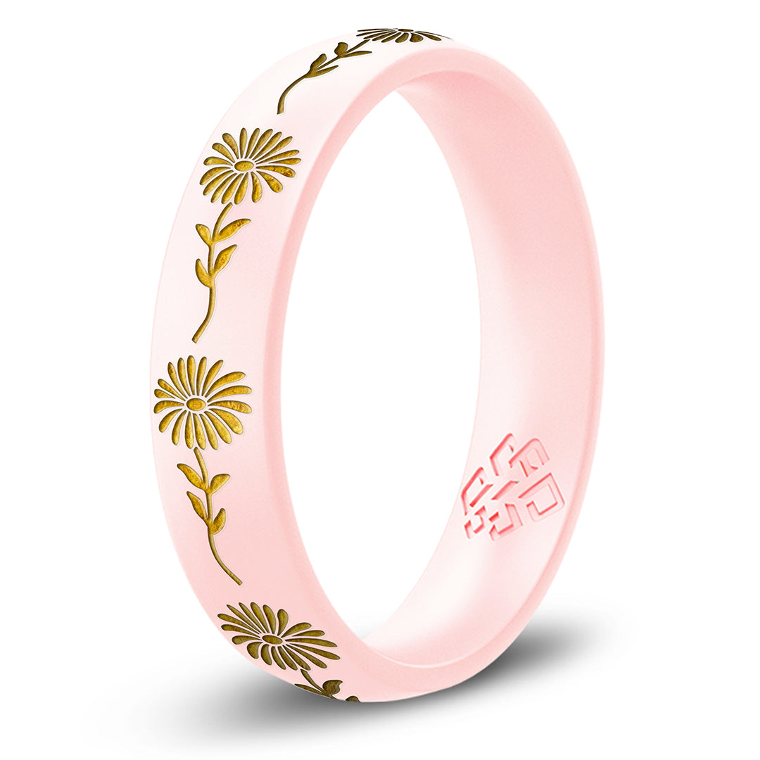 Aster Silicone Ring, September Birth Flower, Engraved with Gold Inlay