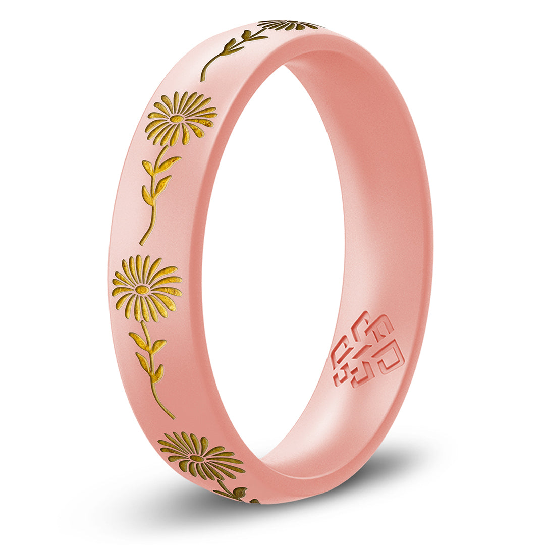 Aster Silicone Ring, September Birth Flower, Engraved with Gold Inlay