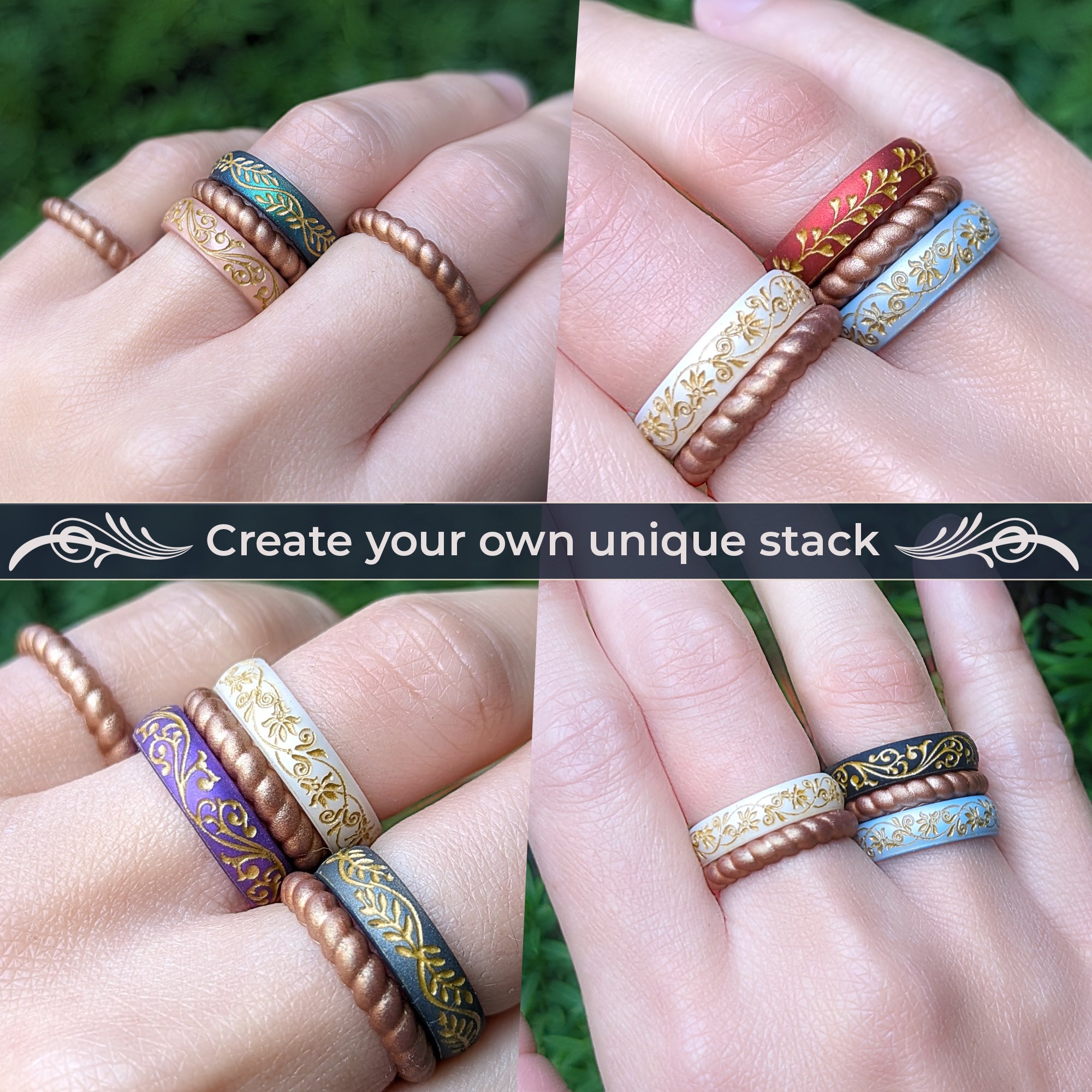 Filigree Silicone Ring, Engraved and Gold Inlaid - Bonus Stackable Gol ...