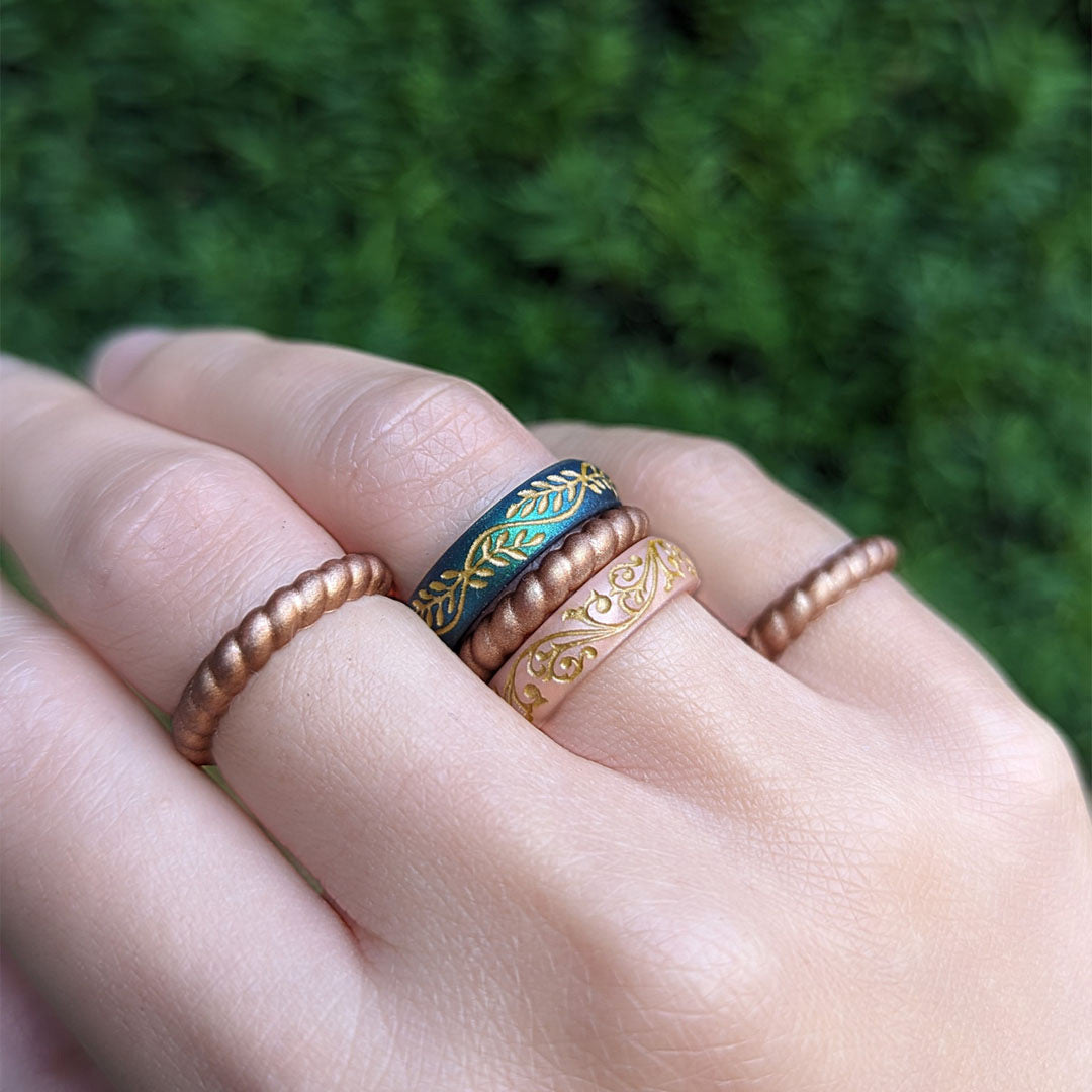 Antique Gold Braided Slim Silicone Ring, Stackable Thin Band