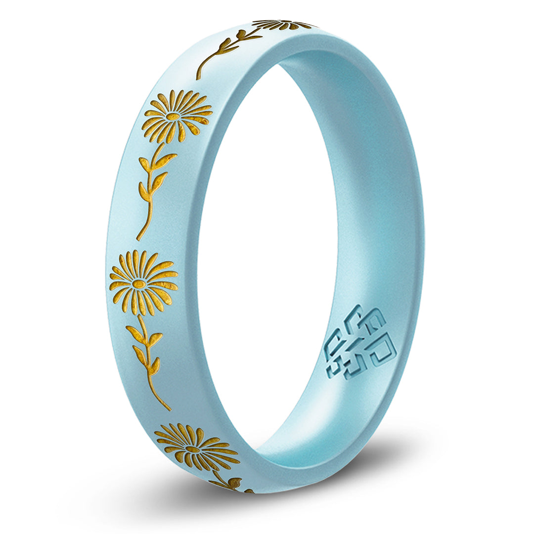 Aster Silicone Ring, September Birth Flower, Engraved with Gold Inlay